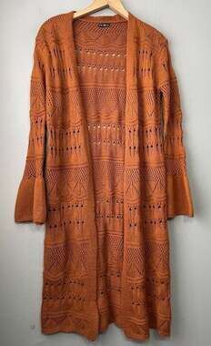 Chloah Sweater Womens Size Medium Earthy Mustard Pointelle Cardigan Duster Boho